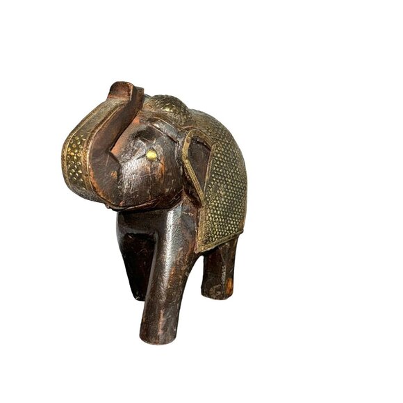 Hand Carved Wooden Elephant Brass Metal blanket Nails for Tusks Brass Metal Eyes - Picture 7 of 11